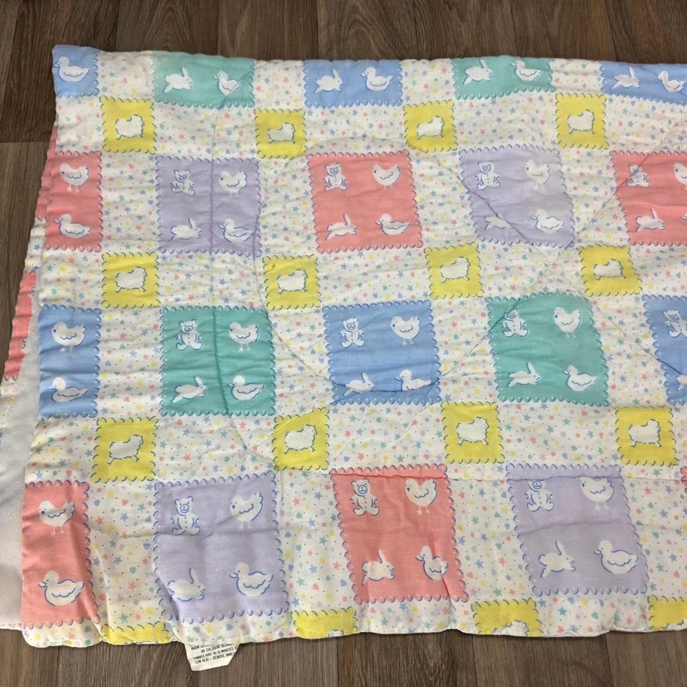 Vintage Pastel Baby Blanket Patchwork Bunny Bear Lamb Duck Nursery 33x40